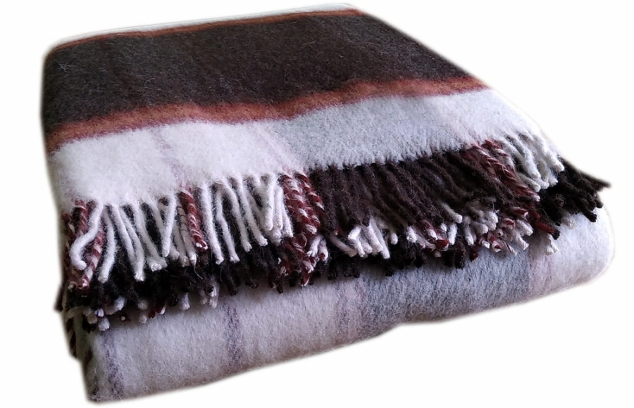Foto Deka vlnená tkaná so strapcami / jednovrst. tmavá hnedá-bordový pásik- prírodná