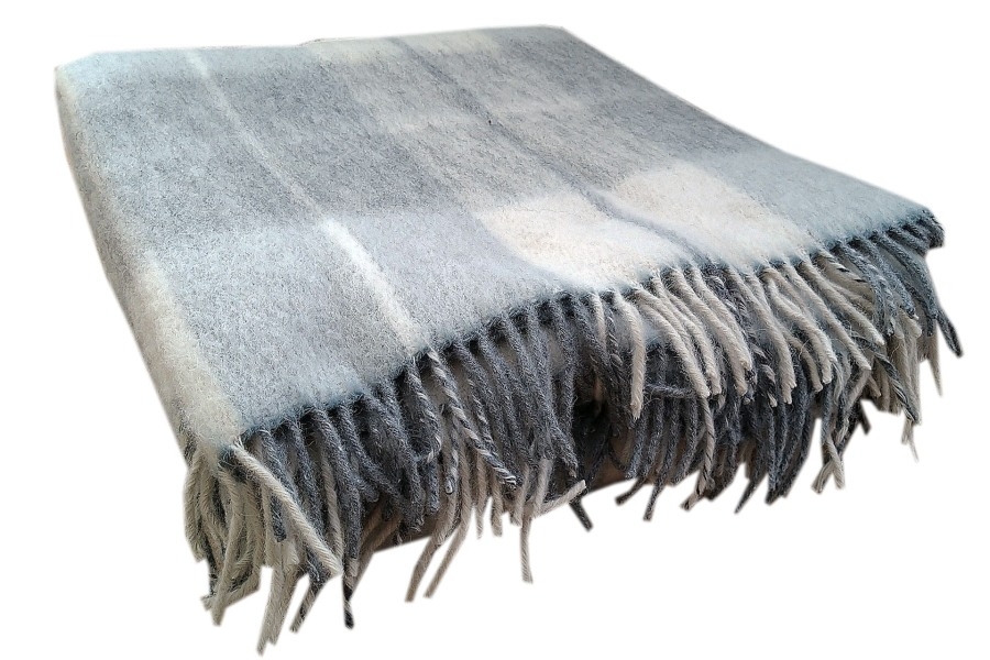 Foto Deka vlnená tkaná so strapcami / jednovrst. šedo- prírodná biela